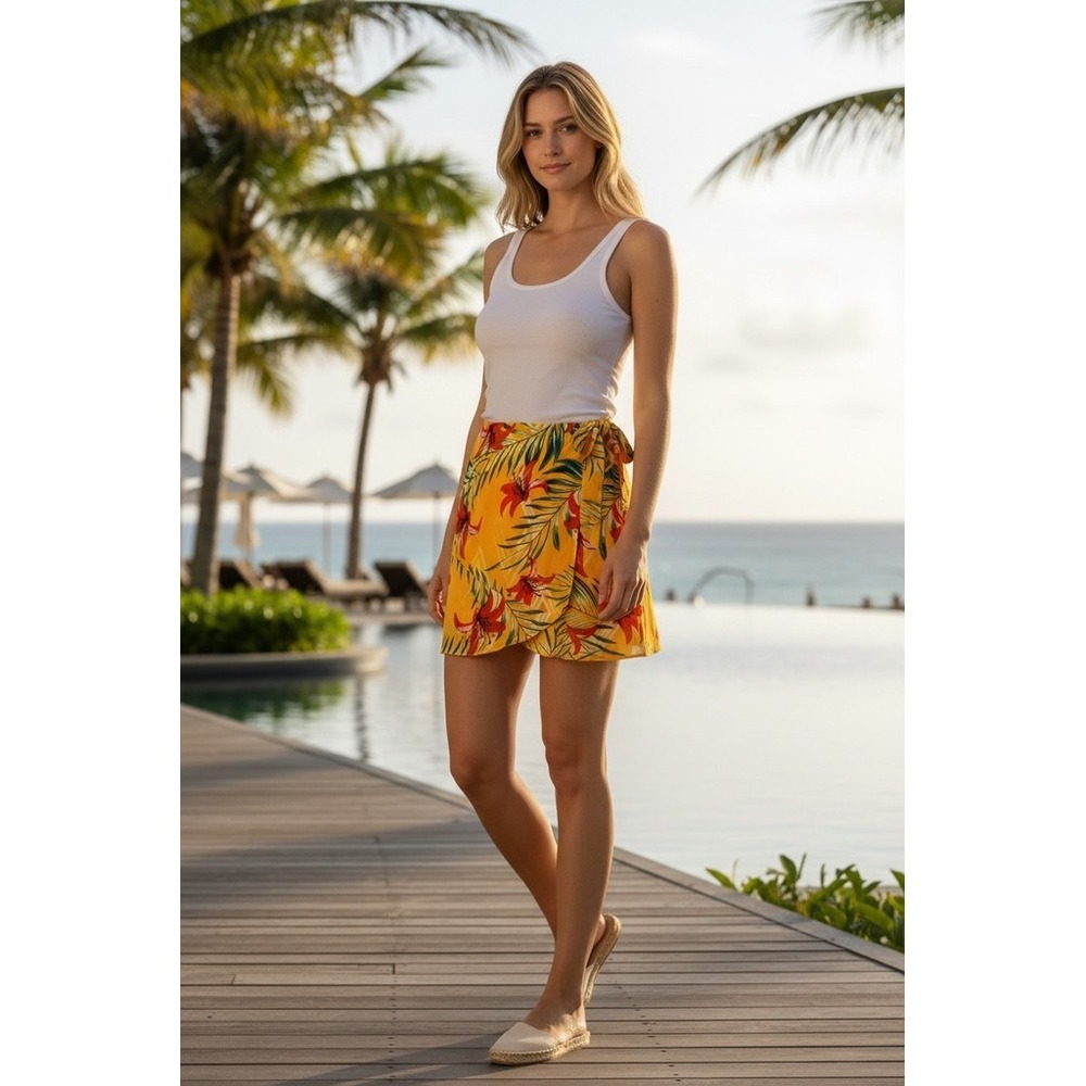 Milk & Honey Wrap Mini Skirt Womens Size M Tropical Floral Yellow Orange resort